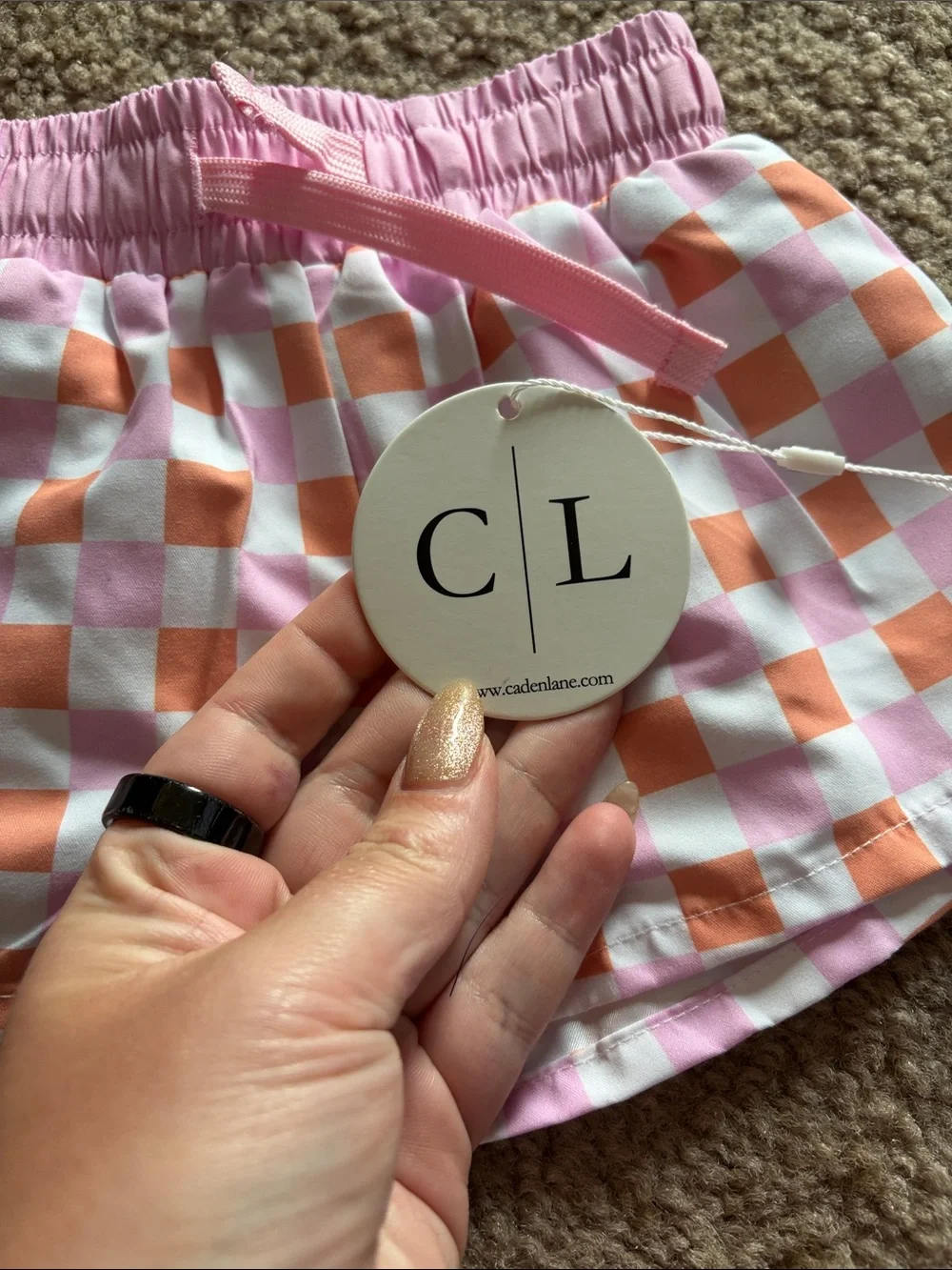 B49 Caden Lane NWT Pink & Peach Checkerboard Swim Shorts, 3-6